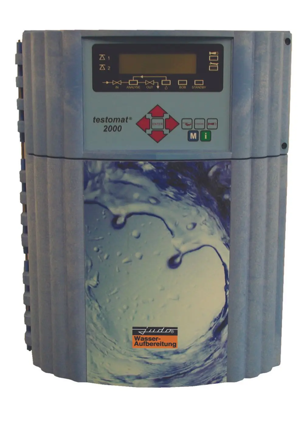 Judo-Testomat mit digitalem Display und Steuerungselementen für die Wasseranalyse. Gehäuse im Design von Wasser mit sichtbarem Markenlogo.